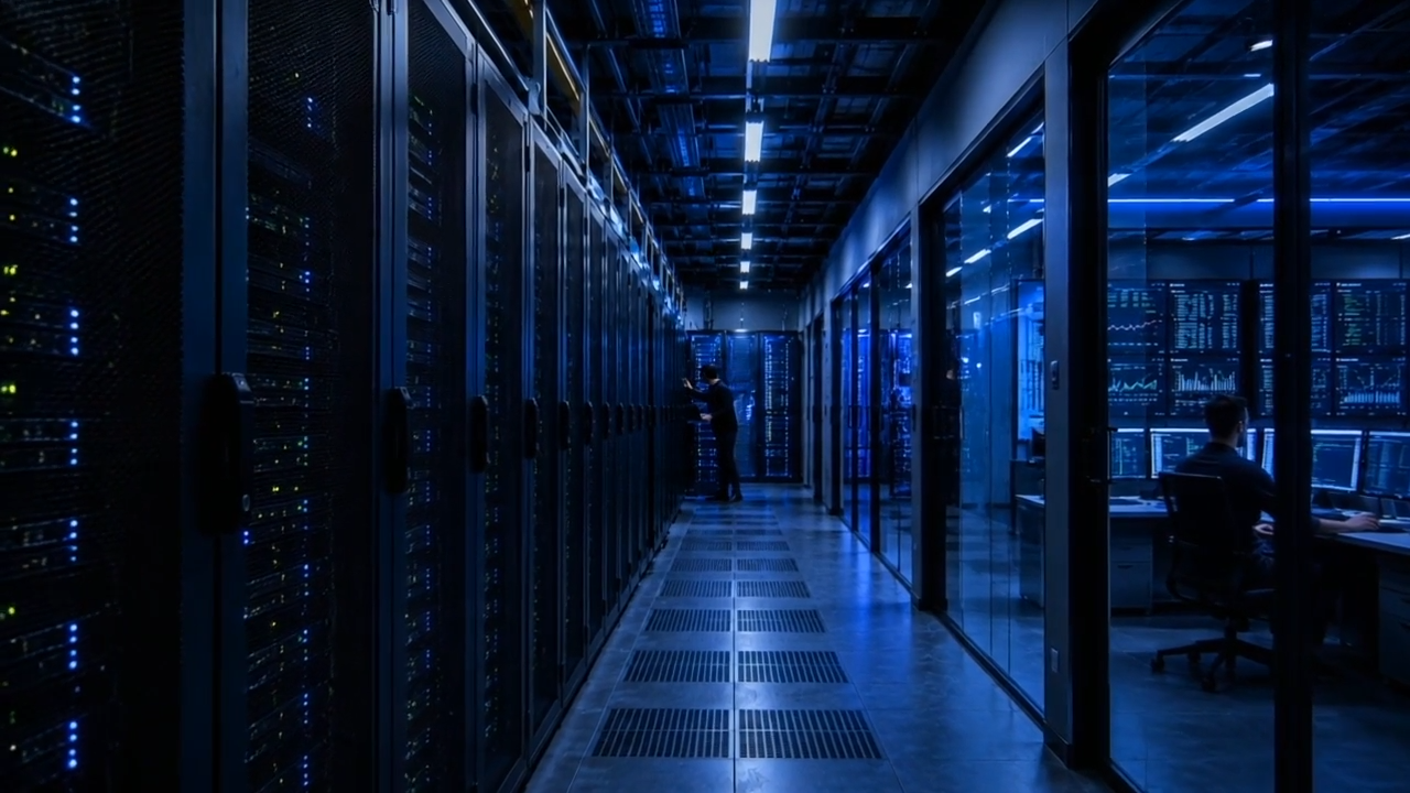 Server aisle seen from a ceiling camera