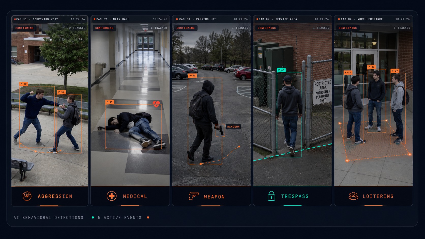 Five camera panels showing aggression, medical, weapon, trespass and loitering detections, each in a confirming state
