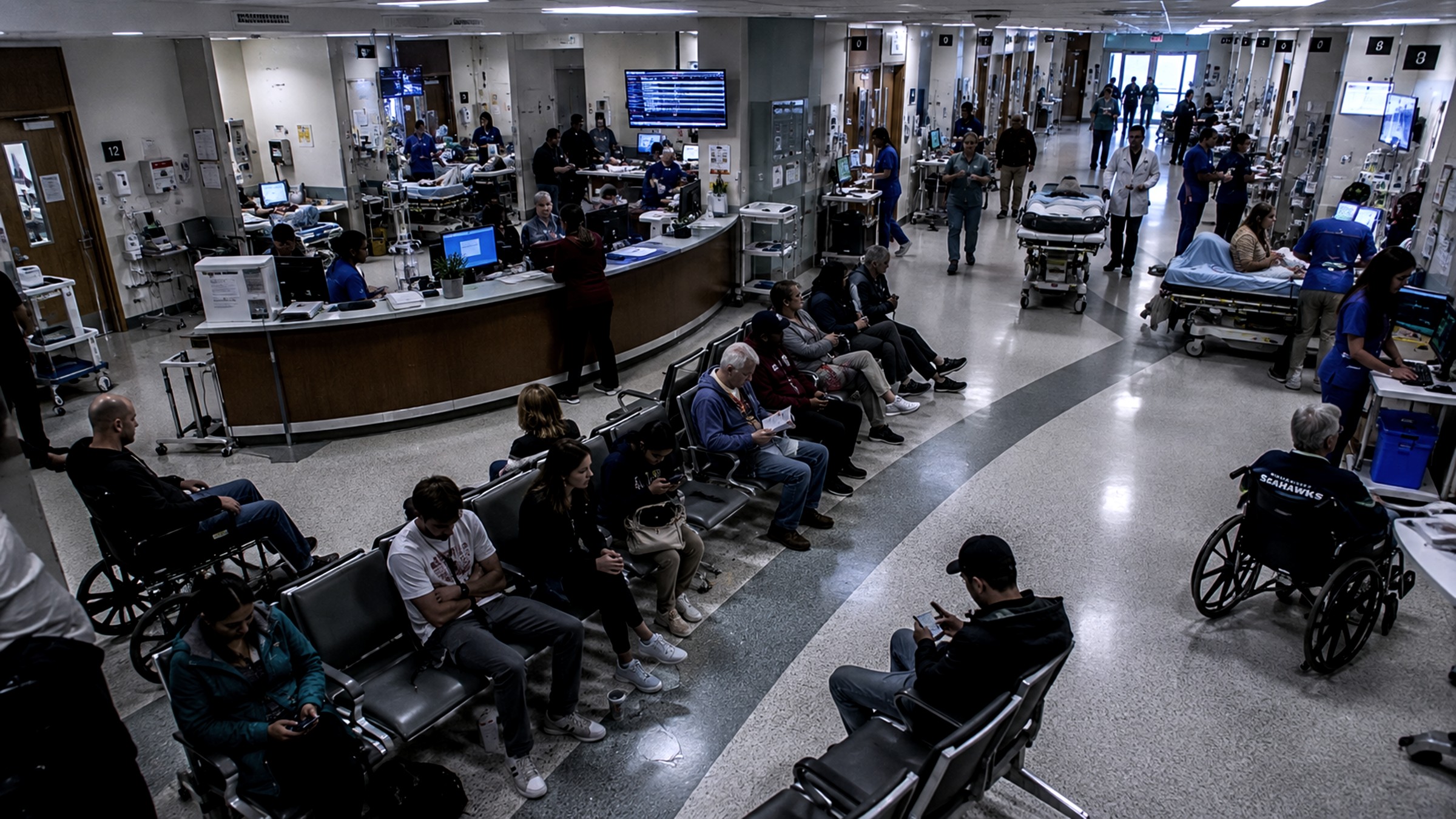 Emergency department waiting room seen from a ceiling camera