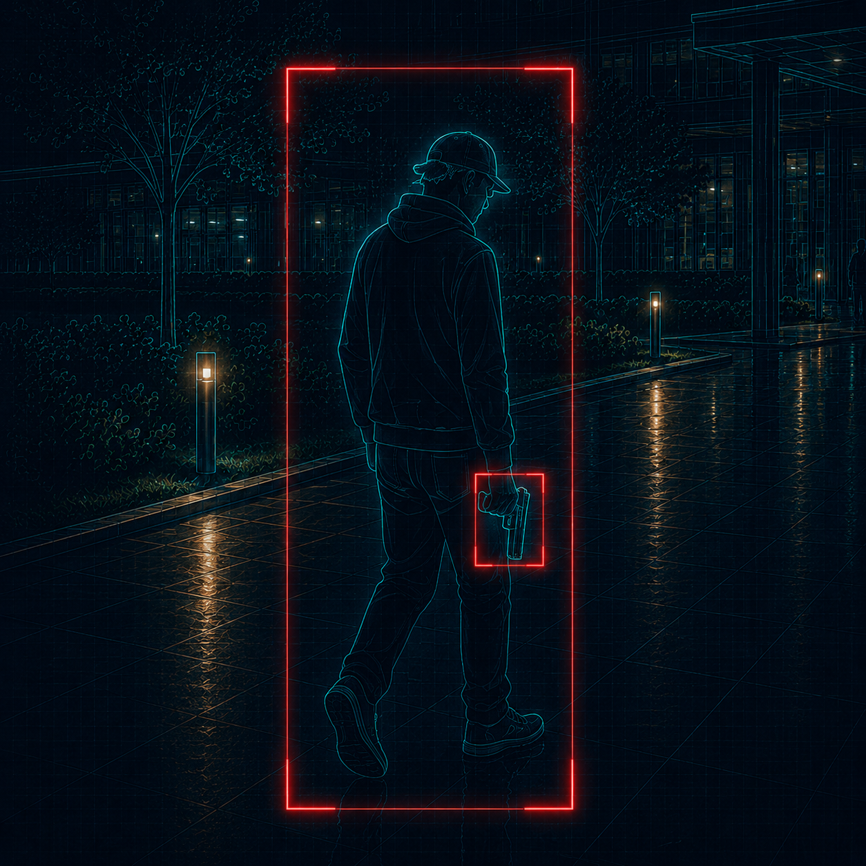 A single figure with a visible handgun isolated inside a red bounding box on a wet city street at night, with a smaller box drawn tightly around the weapon