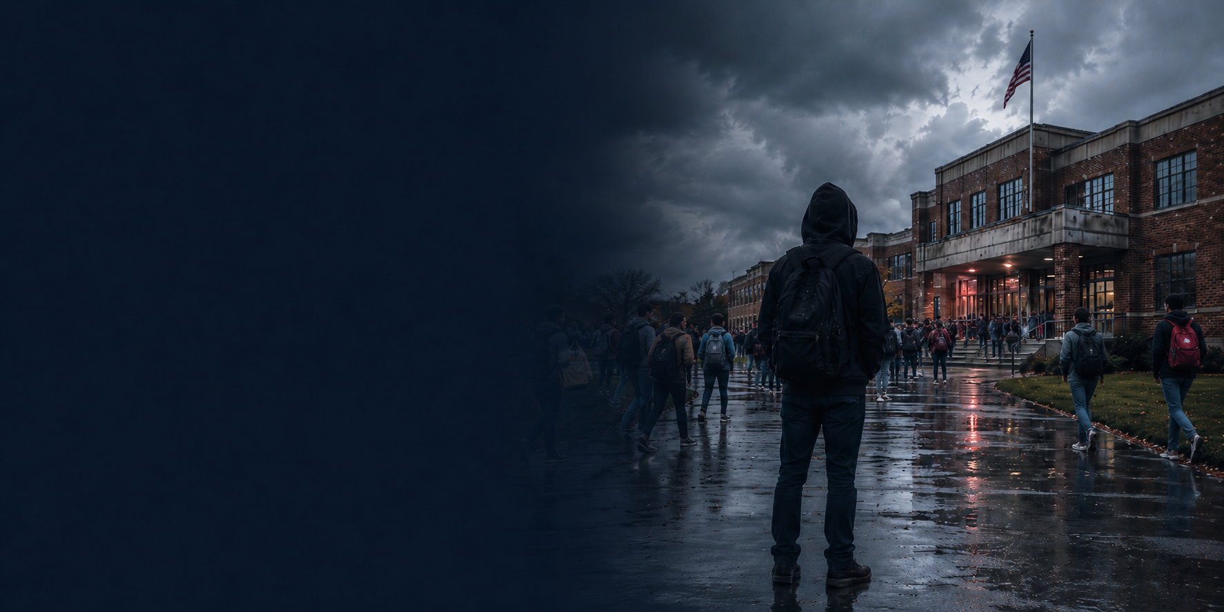 A hooded figure on wet pavement facing a brick school building at dusk as a crowd of students walks toward the entrance