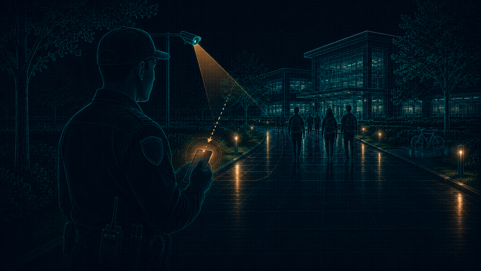 A security officer outdoors receiving a location-based alert on a phone as a camera flags people approaching a building at night