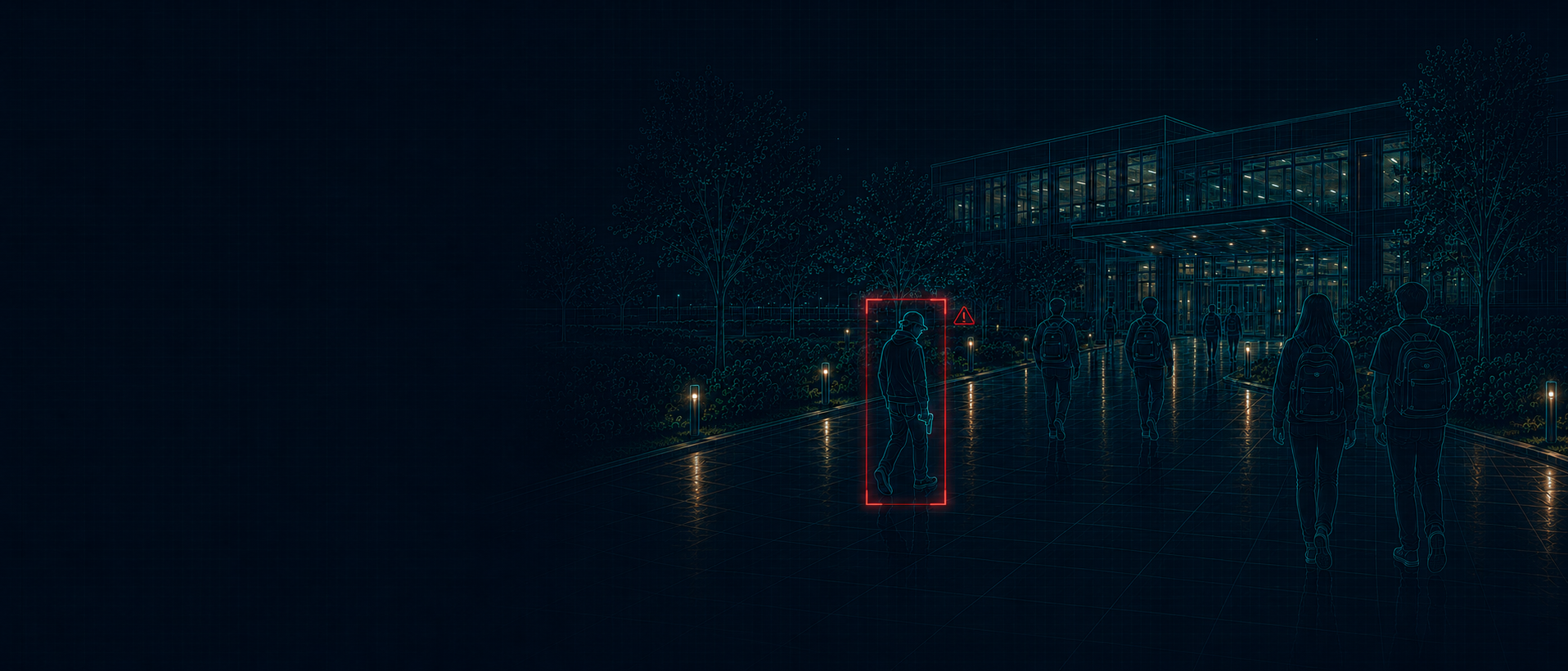 A computer-vision system drawing a red bounding box around a person with a visible weapon at night