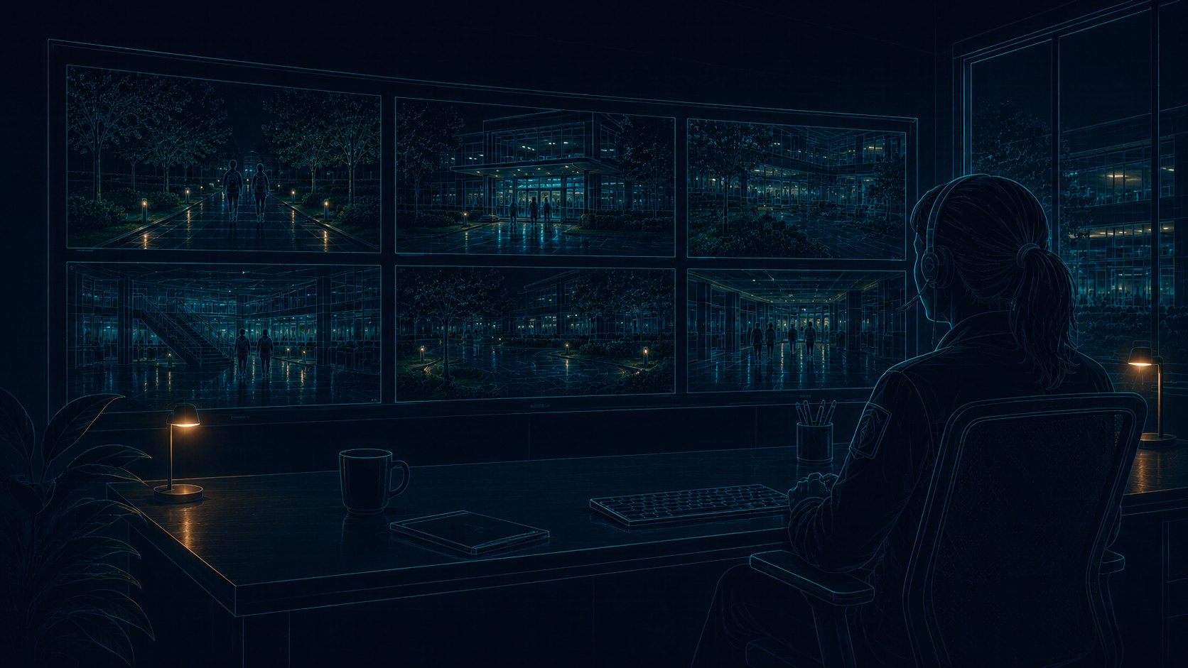 A lone security operator at a desk facing a wall of six live camera feeds in a dark control room