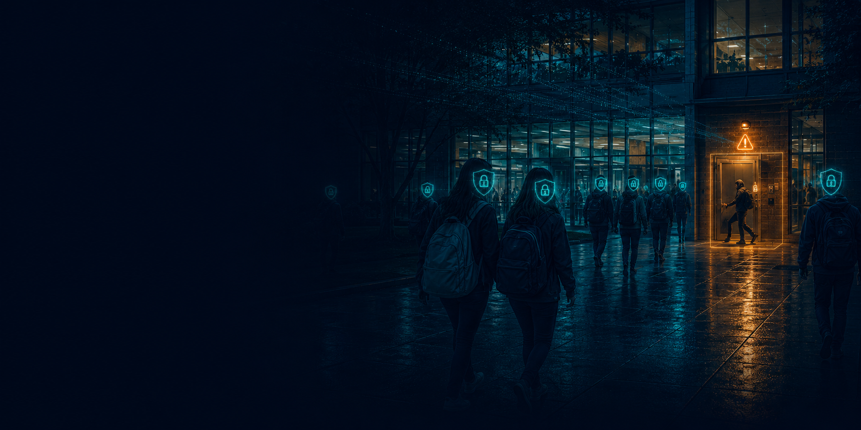 Students walking toward a glass building at night with blue shield-lock icons over their faces, and one figure on the right by a door under a red warning triangle