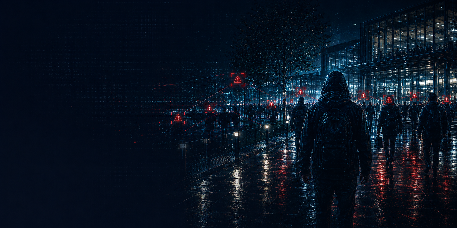 A hooded figure walks among a crowd at night toward a glass building, with red warning-triangle markers floating over several people — scattered, unconnected threat signals