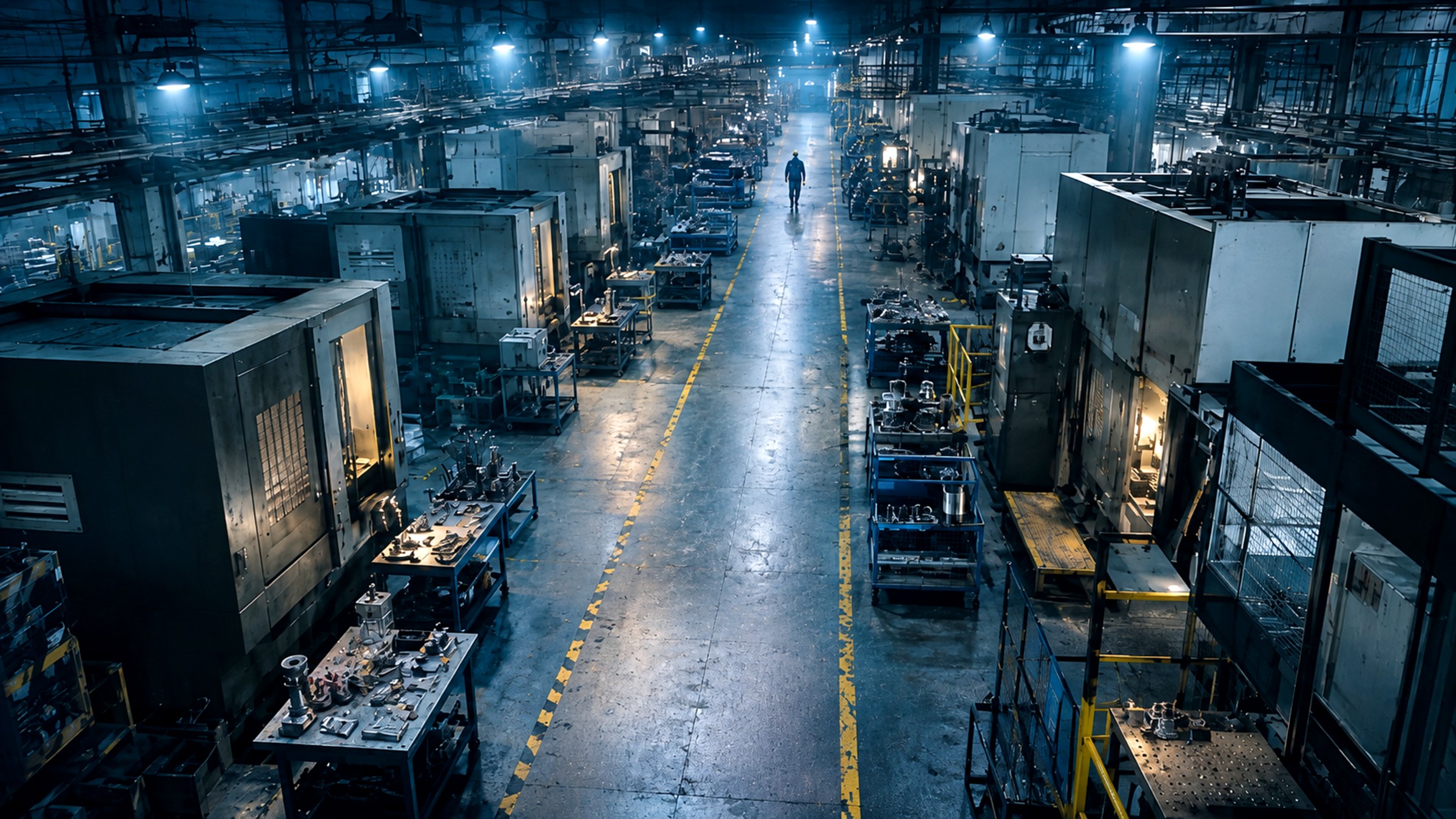 Factory floor aisle seen from a ceiling camera at night