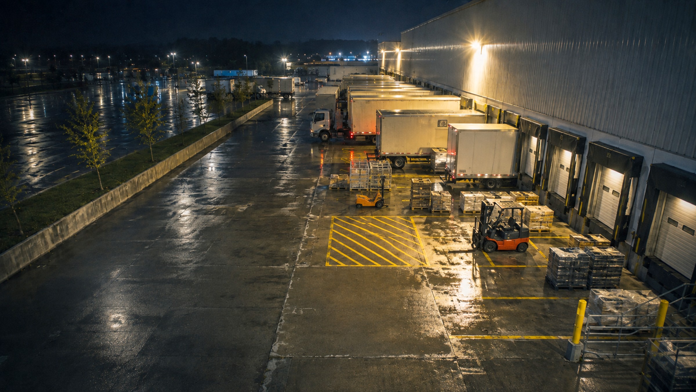 Loading dock and trailer bays seen from a pole-mounted camera at night