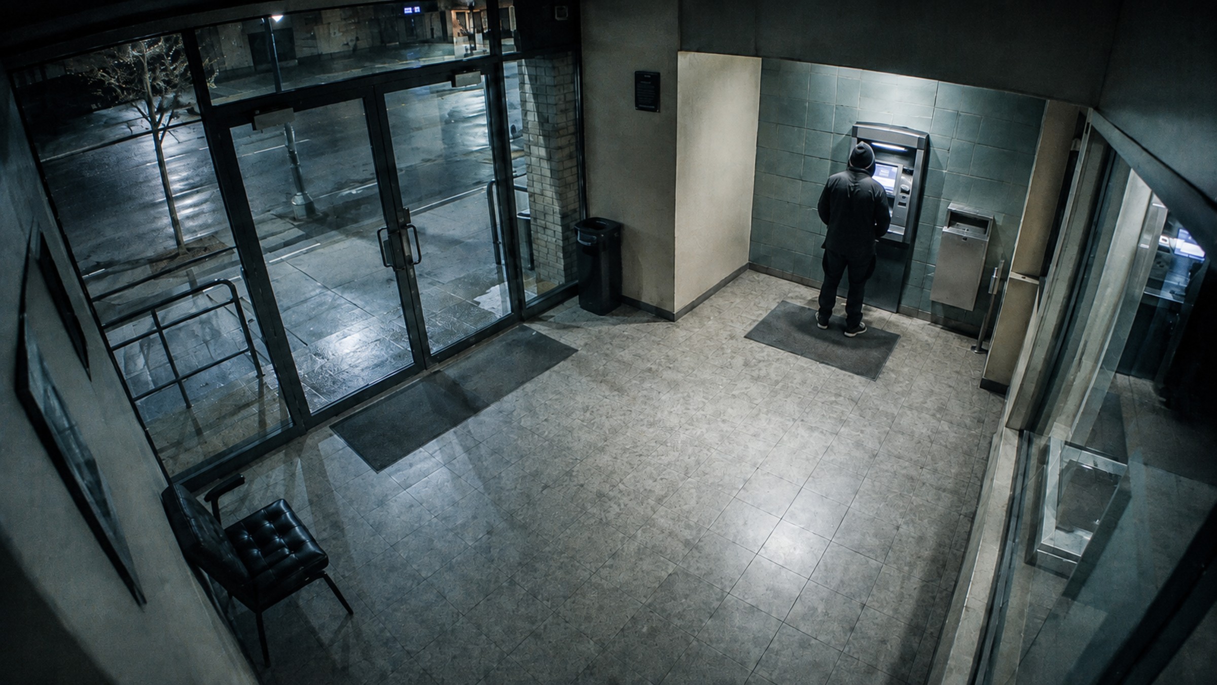 ATM vestibule seen from a ceiling camera at night