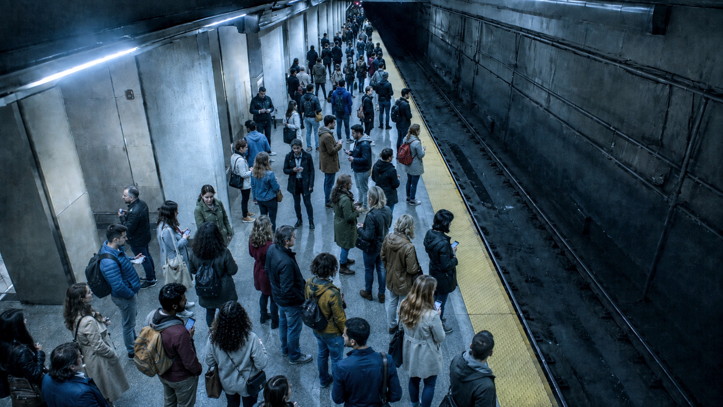Crowded subway platform seen from a ceiling camera